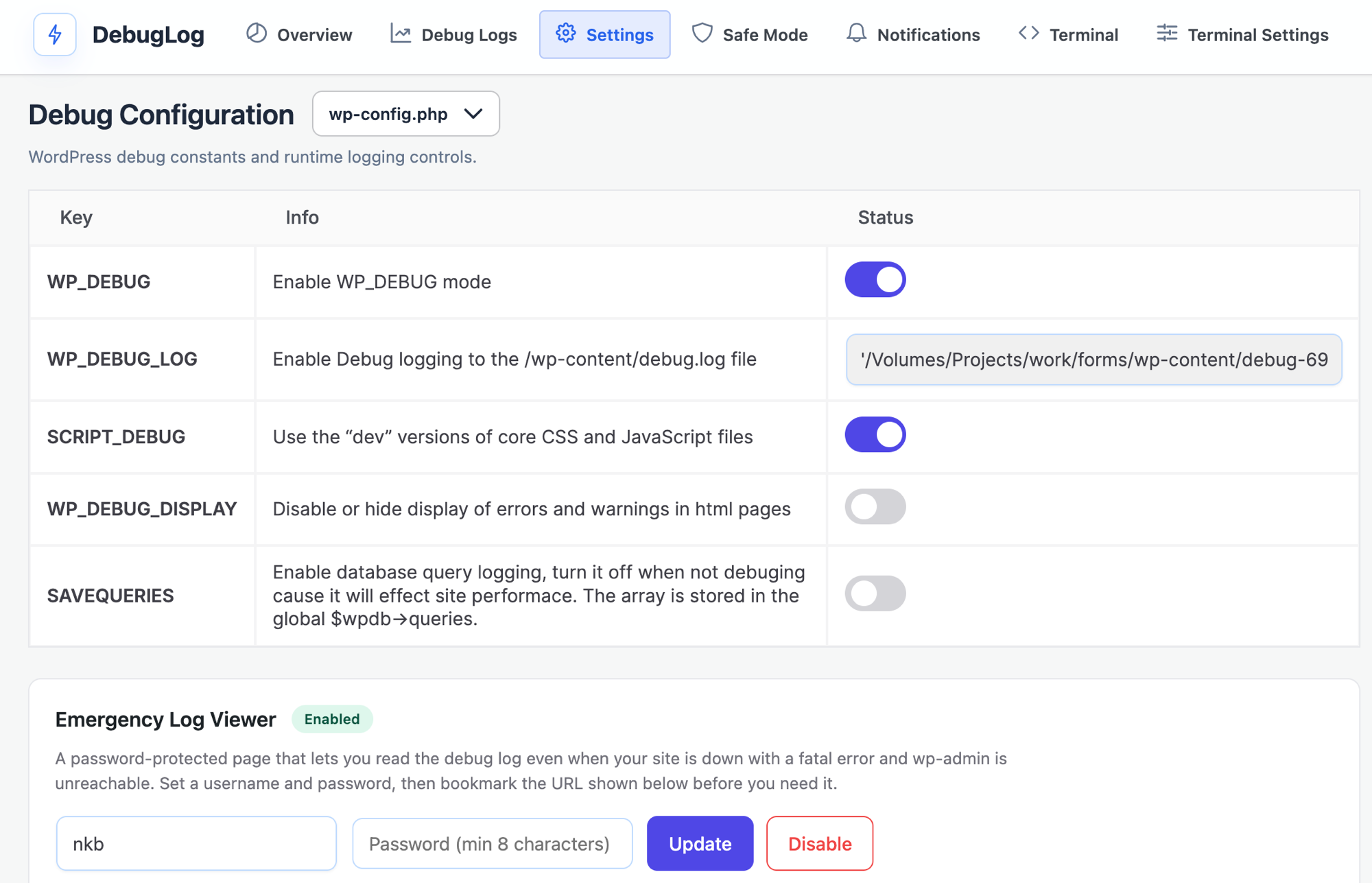 The Debug Log Manager settings screen inside the WordPress admin, with toggles for WP_DEBUG, WP_DEBUG_LOG, SCRIPT_DEBUG, WP_DEBUG_DISPLAY and SAVEQUERIES.