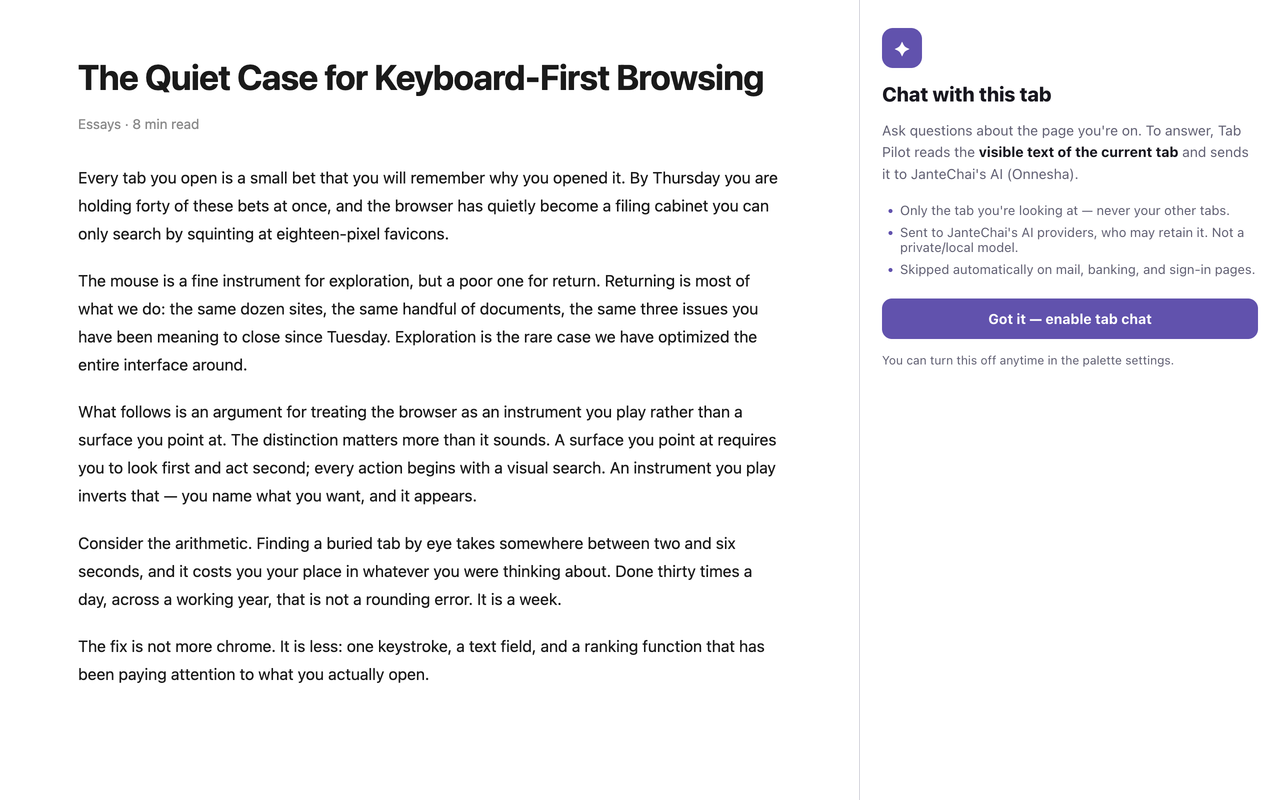The Chat with this tab side panel docked beside an article, showing what it sends before you enable it.